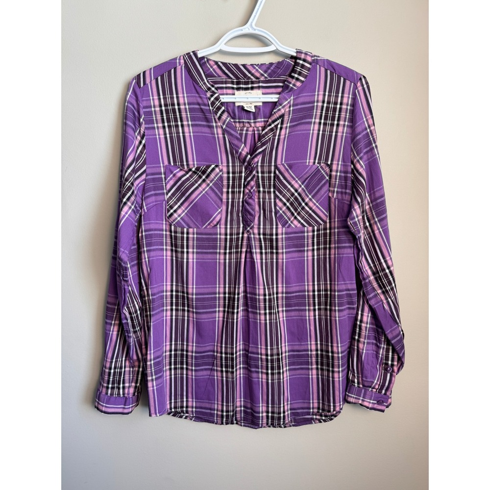 Weatherproof Vintage Purple Plaid Button V-Neck Long Sleeve Blouse Medium Preppy